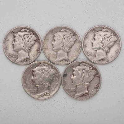 SPOT Random Year Lot Of 5 Mercury Silver Dimes