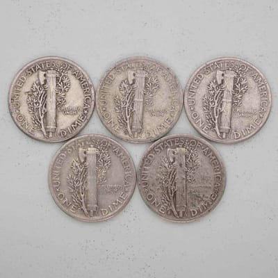 SPOT Random Year Lot Of 5 Mercury Silver Dimes - additional view