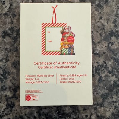 2014 Vintage Coca-Cola Santa .999 fine silver bar - additional view