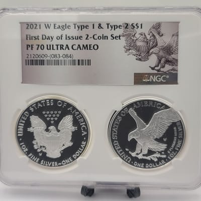 2022 & 2021  W NGC PF70 $1 Type 1 & 2 T2 T1, Silver Eagle Congratulations Set