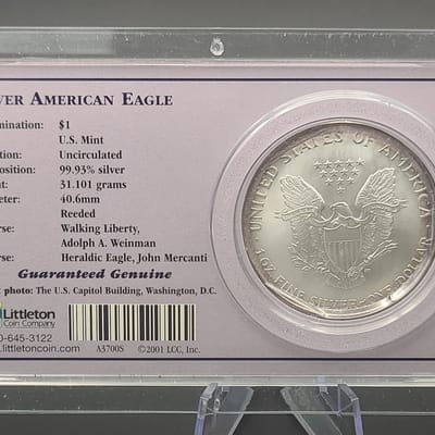 2000 US Silver Eagle Dollar Coin in Littleton Holder, .999 Silver - additional view
