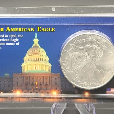 2000 US Silver Eagle Dollar Coin in Littleton Holder, .999 Silver