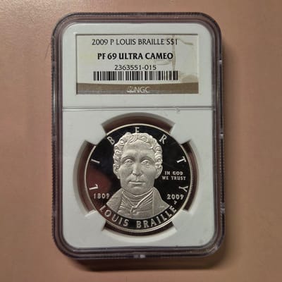 Under melt 2009 P Louis Braille pf 69 Silver Coin