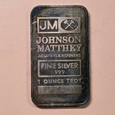 Vintage Toned Johnson Matthey 1 oz Silver Bar 999