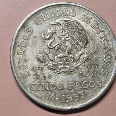 1953 Mexican Cinco Peso XF 0.643 oz Silver - additional view