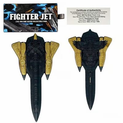 2024 Chad 2 oz Silver Fighter Jet Black & Gold