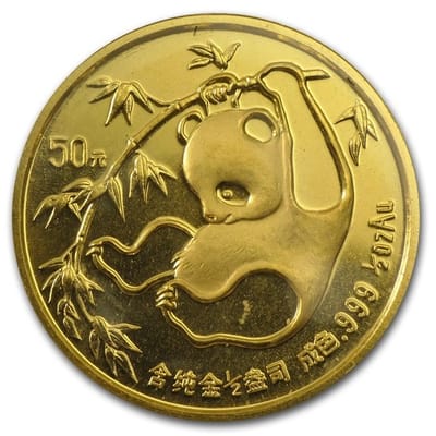 1985 China 1/2 oz Gold Panda BU w Capsule