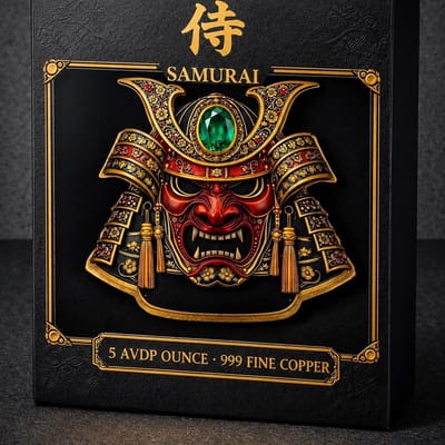 Shaped Samurai Mask 5oz Copper Medal in Display bx - additional view