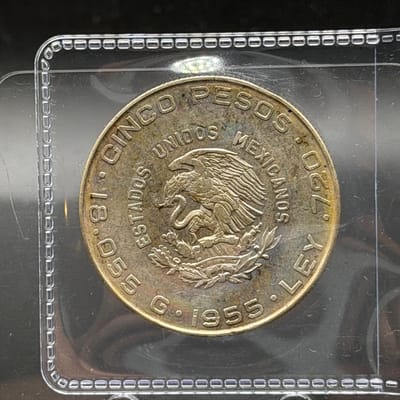 Mexican Hidalgo 1955 5 Peso Silver coin ~ ASW 0.41 - additional view