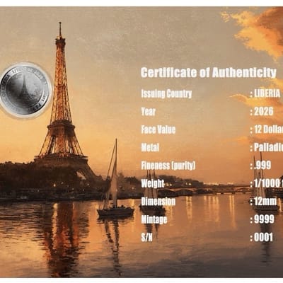 Palladium Eiffel Tower 2026 Liberia 1/1000oz - additional view