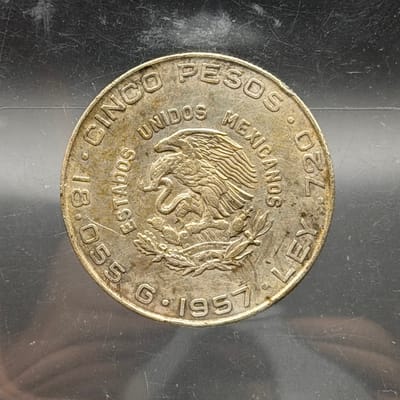 Mexican Hidalgo 1957 5 Peso Silver coin ~ ASW 0.41 - additional view