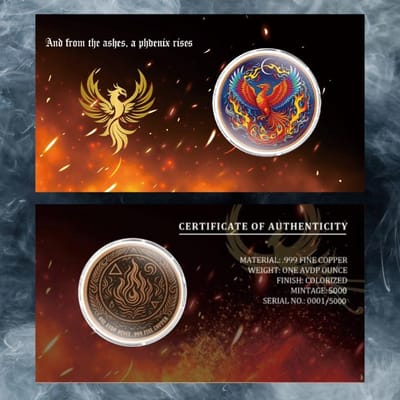 PHOENIX RISING 1 OZ COLORIZED COPPER IN CARD