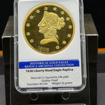 Copper 1oz: Gold Plated: 1838 Liberty Head Replica