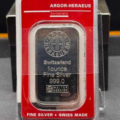 Argor Heraeus Switzerland 1 Oz Silver Bar .999 TEP