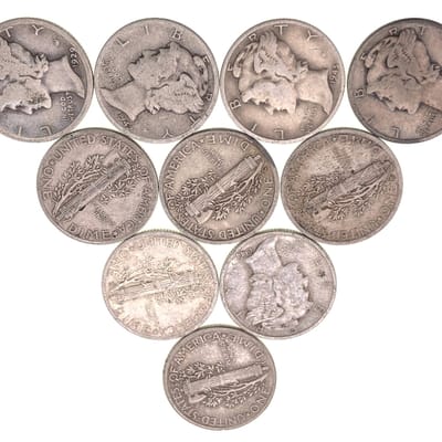 Lot of 10 Mixed Mercury 90% Silver Dimes Lowest P