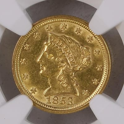 1853  $2.50  Liberty Gold Quarter Eagle  NGC AU58 - additional view