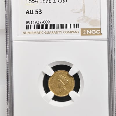 1854 GOLD G$1 Type 2 Indian Princess NGC AU53