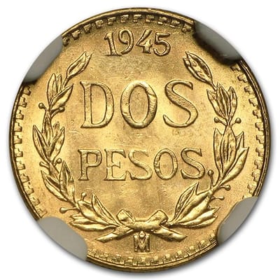 Free Shipping 1945  Dos Peso  Mexico Gold BU Coin  - additional view