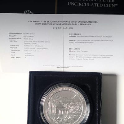 2014 ATB 5 oz Silver Great Smoky Mount TENN BoxCOA - additional view