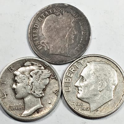 3 Coin Silver Dime Lot Barber Mercury Roosevelt  - additional view