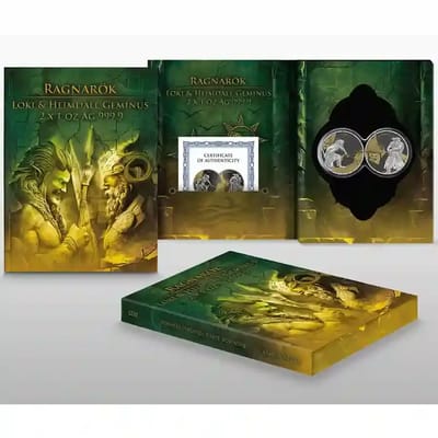 2025 Germania Ragnarok Loki and Heimdall Geminus 2 x 1 oz Silver Gilded Coins