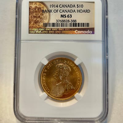 1914 Canada Gold $10 Bank of Canada Hoard NGC MS63