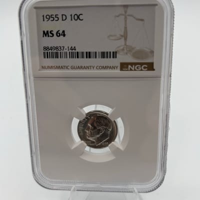 1955 D Roosevelt 90% Silver Dime NGC MS 64
