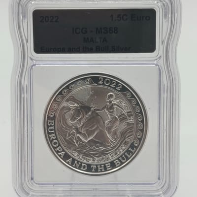 2022 Malta S1.5€ 1oz .999 Ag Europa and Bull MS68