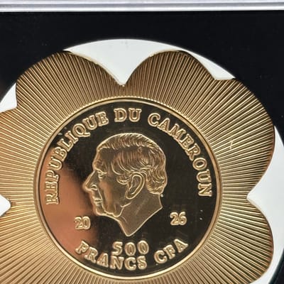 Gold PLATED 2026 Cameroon 500Fr Clover ICG MS70 - additional view