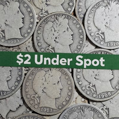 2 Coins $1 Face Value ~ Barber Silver 50c