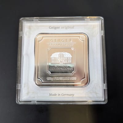 Geiger SILVER Bar - 100 Gram .999 Pure, in Assay | PeerMetals