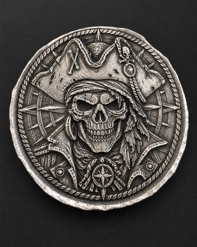 FTB Pirate Skull Silver Round, 1 oz .999 FS, Ultra High Relief, Hand Poured - Image 1