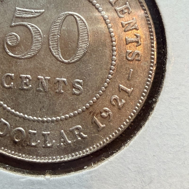 1921 Straits Settlements King George V 50 Cents Silver Coins .500 Fine [00752] - Image 3
