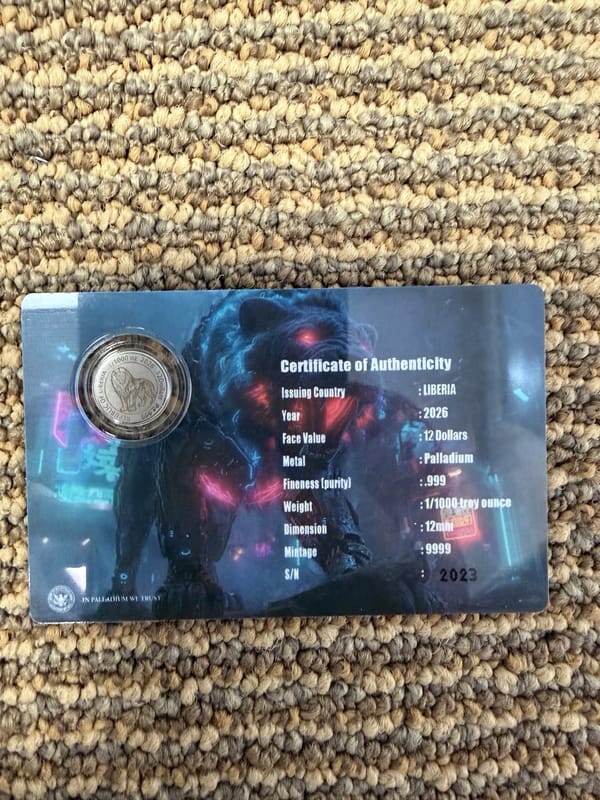 2026 Liberia Cyberpunk Lion 1/1000 oz .999 Palladium $12 Coin COA Card - Image 3