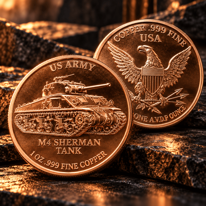 U.S. Army M4 Sherman Tank 1 oz .999 Copper Round - Image 1