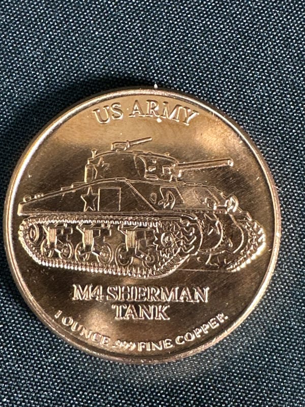U.S. Army M4 Sherman Tank 1 oz .999 Copper Round - Image 2