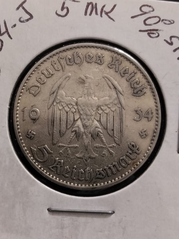 Silver 1934-J 5 Reichsmarks Potsdam Church VF-35 - Image 1