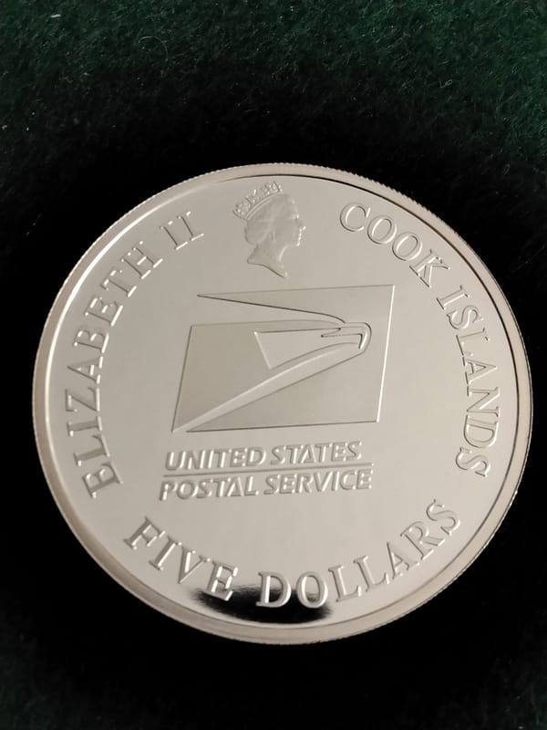 2004 $5 Cook Is Ben Franklin USPS 1oz Silver Coin  - Image 1