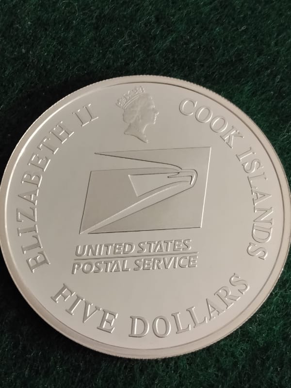 2004 $5 Cook Is Ben Franklin USPS 1oz Silver Coin  - Image 3