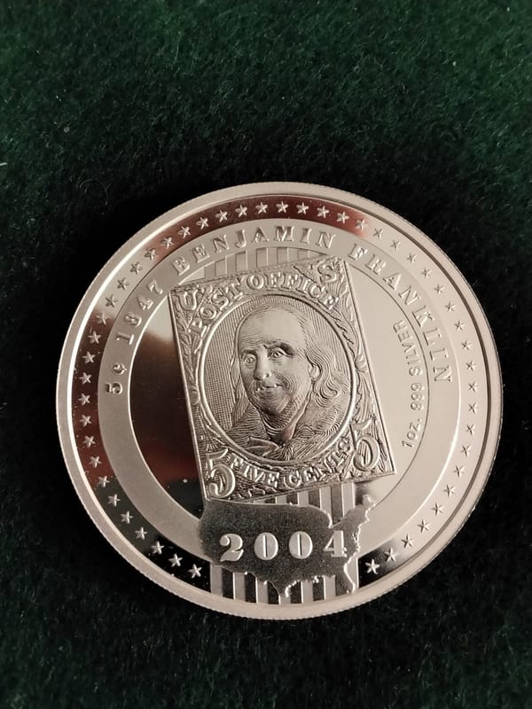 2004 $5 Cook Is Ben Franklin USPS 1oz Silver Coin  - Image 6