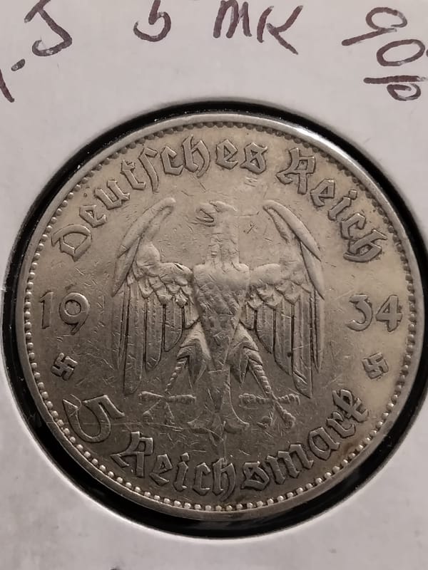 Silver 1934-J 5 Reichsmarks Potsdam Church VF-35 - Image 3