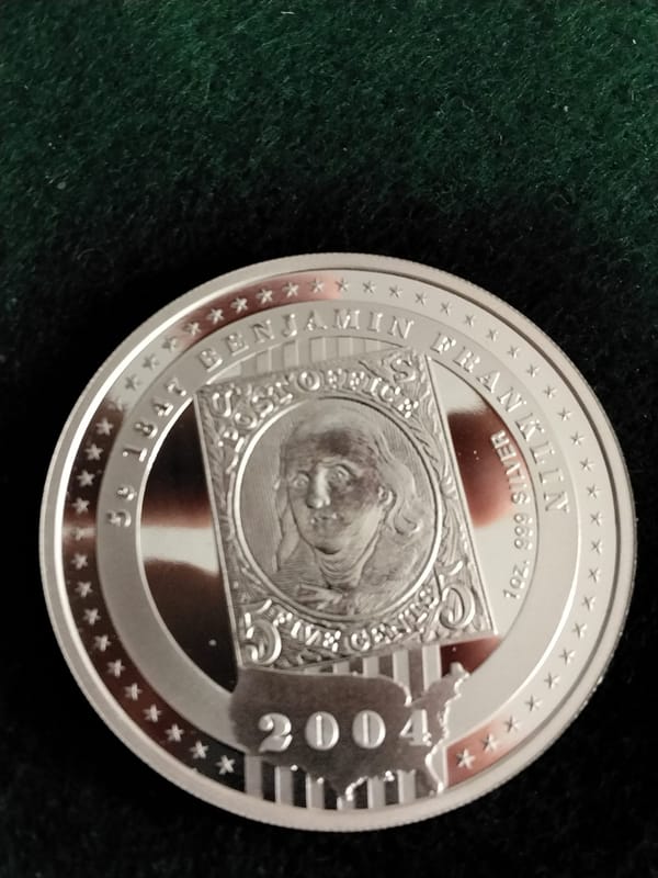 2004 $5 Cook Is Ben Franklin USPS 1oz Silver Coin  - Image 2