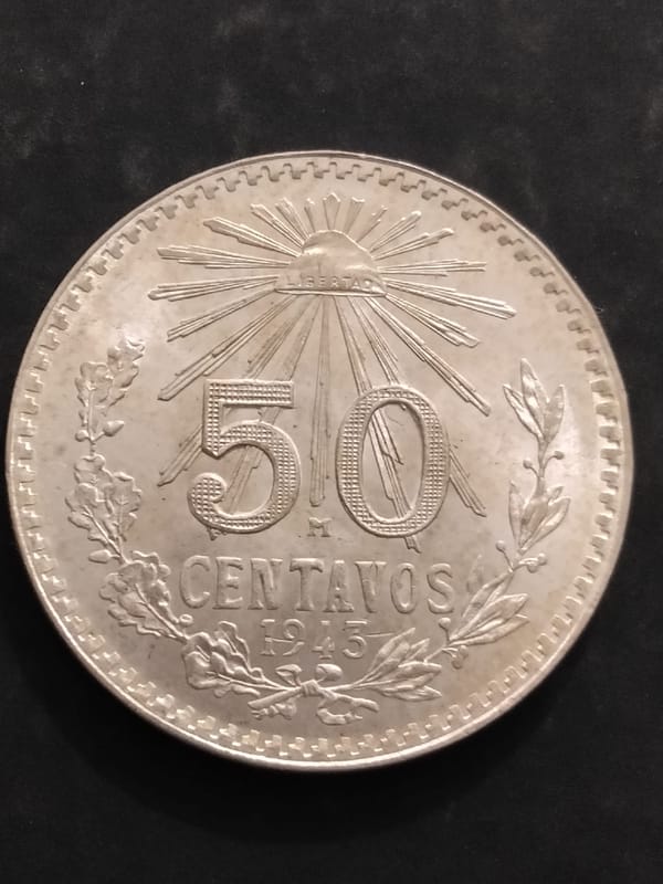 Silver 1943 Mexico 50 Centavos – Choice BU  - Image 1