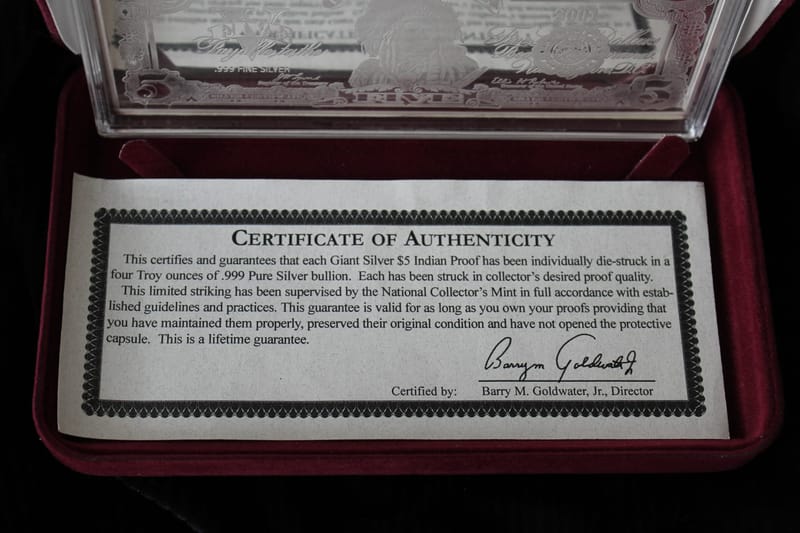 2001 Giant Silver $5 Indian Proof .999 Fine - Image 3