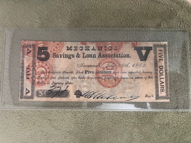 1862 Savannah Savings Note with Unique Back - Image 1
