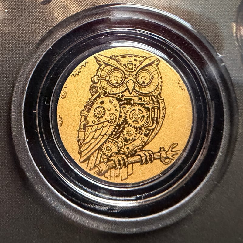 2026 Steampunk Mech Owl 1/1000 oz .9999 Gold - Image 1