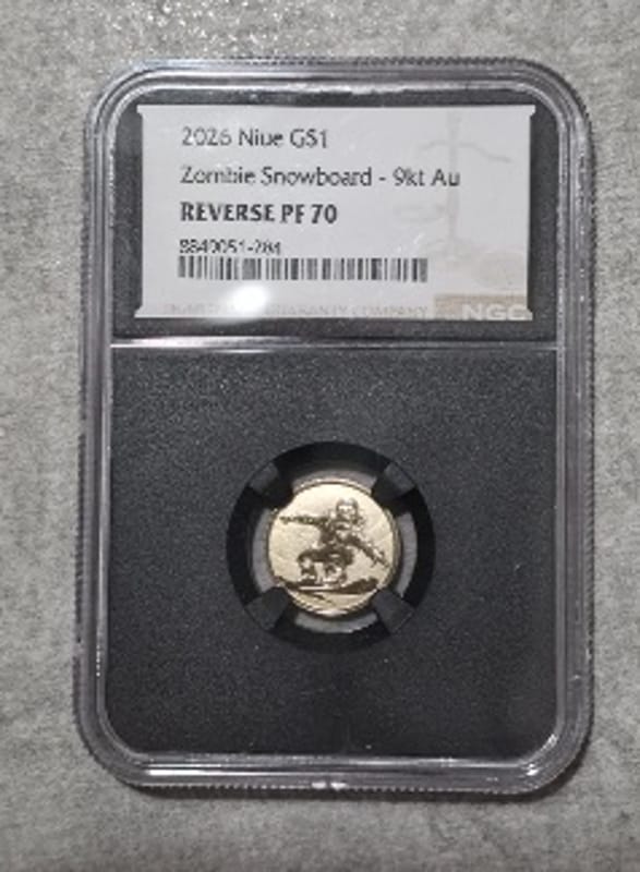 1 Gram 2026 Niue $1 Zombie Snowboard 1g 9KT Gold  - Image 1