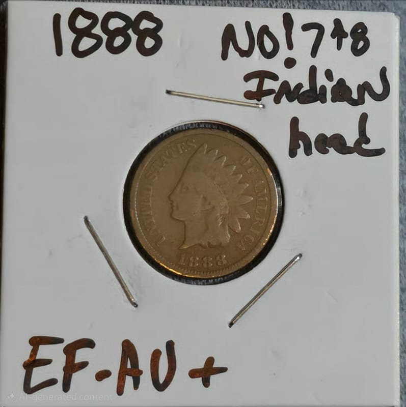 1888 Indian Head Cent NO 7 & 8 EF-AU+ - Image 1