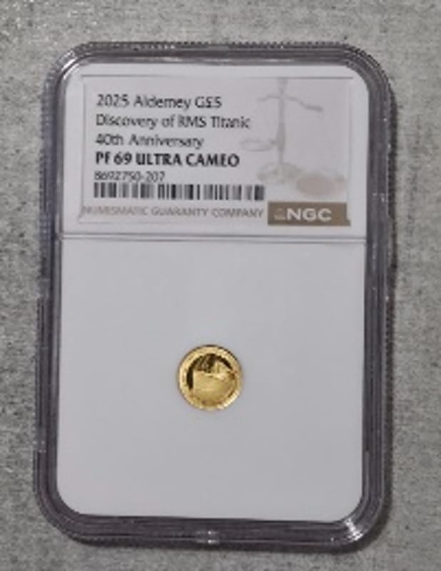 2025 Alderney G£5 Discovery RMS Titanic Gold PF69 - Image 2