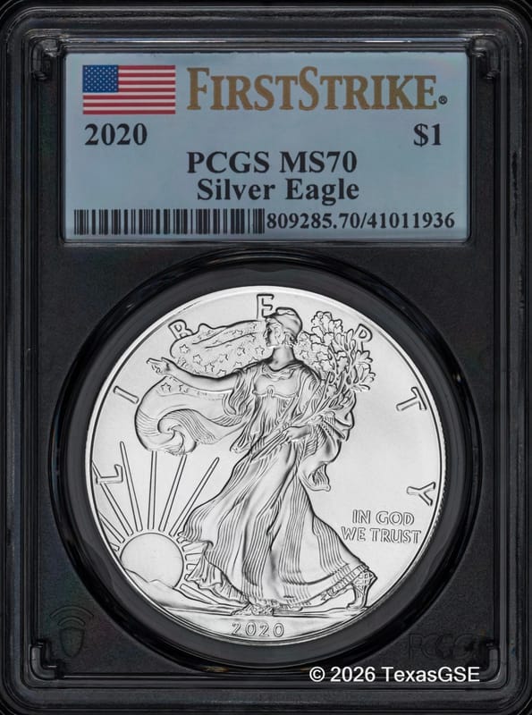 2020 Silver Eagle PCGS MS70 First Strike Label $1  - Image 1